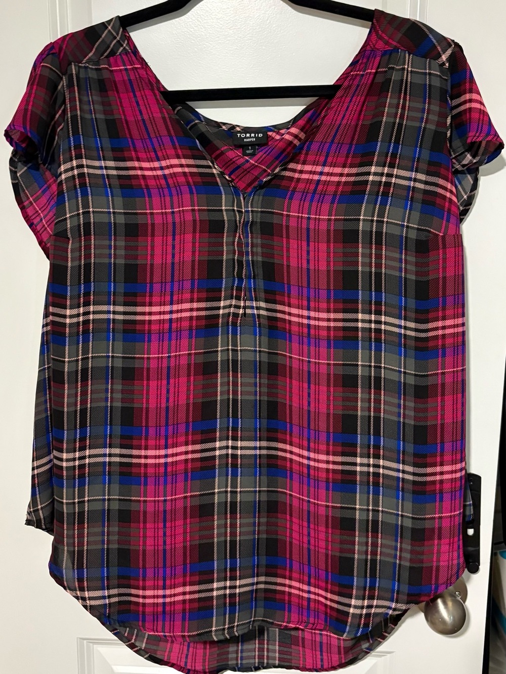 torrid Pink & Blue Plaid V-Neck Top